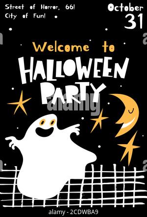 Vector Willkommen zu Halloween Party Poster in Cartoon-Flat-Stil Stock Vektor