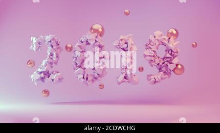 Happy New Year Banner mit 2019 trendigen rosa Farbnummern Gemacht durch zerschmetterten geknackten Stein auf Studie Hintergrund mit Fliegen golden Stockfoto