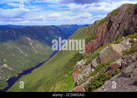 Acropole des Draveurs, Blick auf Hautes-Gorges-de-la-Riviere-Malbaie, Quebec, Kanada Stockfoto