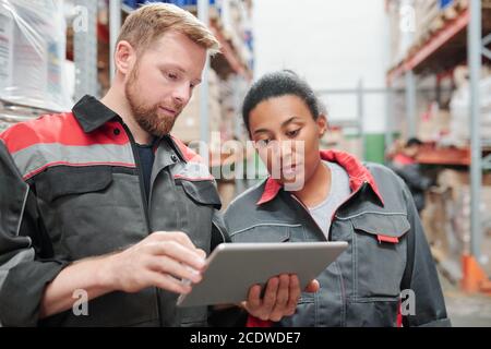 Junger bärtiger Ingenieur oder Arbeiter des Lagers und sein Kollege Mit Tablet Stockfoto