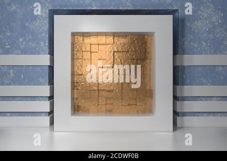 Minimalismus, Plakat-Modell, 3d-Illlutration innen. Weißer Rahmen in einer Nische in der blau verputzten Wand mit Gold chaotisch gefüllt Stockfoto