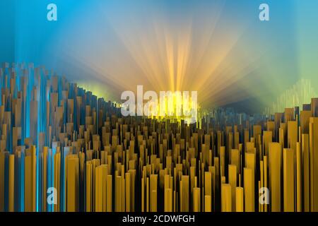 Reichtum reich Konzept Idee White City Towers bei Sonnenuntergang strahlen abstrakten Raum Hintergrund. 3D-Illustration Rendering Stockfoto