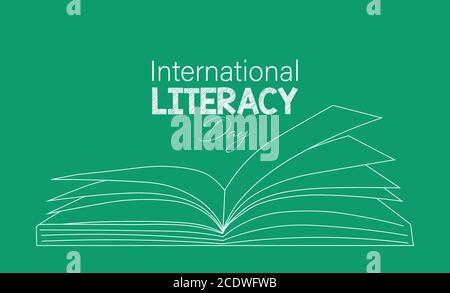 Vektor Illustration des Internationalen Tag der Alphabetisierung. 8. September. Zurück zur Schule Thema, Kreidetafel, Buch offen, Briefe etc. Stock Vektor