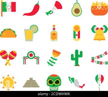 Sugar Skull und mexiko-Symbol auf weißem Hintergrund gesetzt, flachen Stil, Vektor-Illustration Stock Vektor