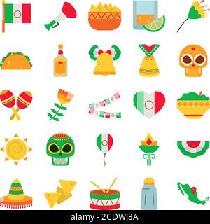 Icon Set von mexikanischen und Nachos auf weißem Hintergrund, flache Stil, Vektor-Illustration Stock Vektor