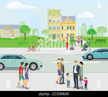 Fußgänger mit Straßenverkehr, Eltern und Kinder, Abbildung Stockfoto