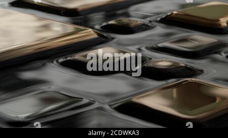 Raster goldene Textur, Gold Ebene Linien Muster, gebogene quadratische abgerundete Metallplatten Hintergrund mit Reflexion. Abstrakt dynamisch Stockfoto