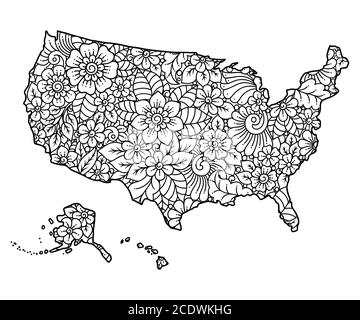 Übersichtskarte der Vereinigten Staaten von Amerika mit einem hoch detaillierten Blumenmuster gefüllt. Blumenschmuck im orientalischen Mehndi-Stil. Malbuch Seite. Stock Vektor