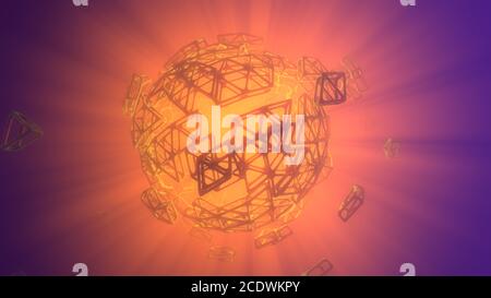 Abstraktes 3d-Rendering-Konzept der High-Poly-Kugel mit chaotischen Mesh-Gitter zellulären mulekularen Struktur. Sci-Fi-Hintergrund mit po Stockfoto