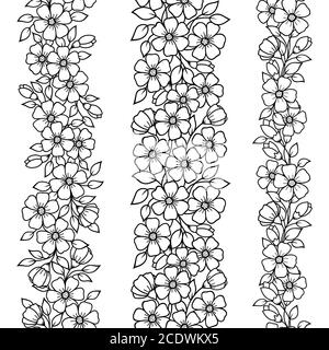 Set von nahtlosen floralen Bordüren mit Sakura Blumen. Muster zum Dekorieren, Färben und Tätowierungen. Dekoration in ethnischem orientalischem, indischem Stil. Doodle Stock Vektor