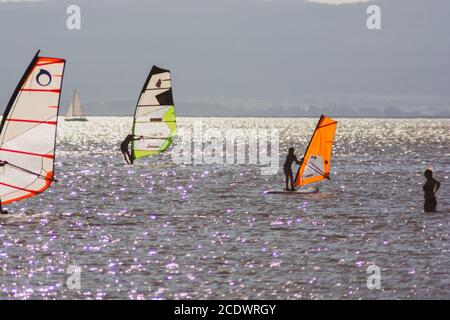 PODERSDORF, ÖSTERREICH - nicht identifizierte Windsurfer in Podersdorf, Österreich am Neusiedler See Stockfoto