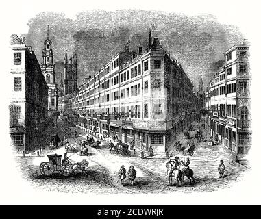 Eine alte Gravur der geschäftigen Kreuzung von Cornhill (links) und Lombard Street mit dem Turm der Royal Exchange in der Ferne (links), City of London, England, UK um 1750. Die Royal Exchange in London wurde im 16. Jahrhundert von dem Kaufmann Sir Thomas Gresham auf Anregung seines Faktors Richard Clough gegründet, als Handelszentrum für die City of London zu fungieren. Die Website wurde von der City of London Corporation und der Worshipful Company of Mercers zur Verfügung gestellt. Stockfoto