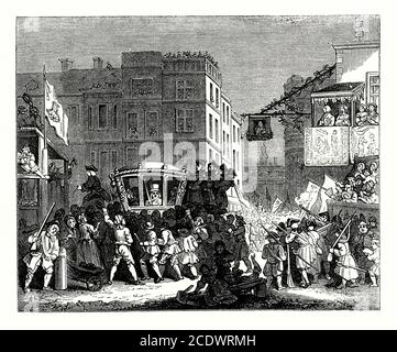 Eine alte Gravur der Lord Mayor's Show Prozession, London, England, UK in der Mitte des 17. Jahrhunderts. Die Lord Mayor's Show ist eine der bekanntesten jährlichen Veranstaltungen in London sowie eine der am längsten etablierten, aus dem 15. Jahrhundert. Jedes Jahr wird ein neuer oberbürgermeister ernannt, und die öffentliche Parade, die während seiner Einweihungszeremonie stattfindet, spiegelt wider, dass dies einst eines der prominentesten Büros in England war. Das Amt des Oberbürgermeisters stammt aus dem Jahr 1189. Die moderne Oberbürgermeisterprozession ist ein direkter Nachkomme der Show. Stockfoto