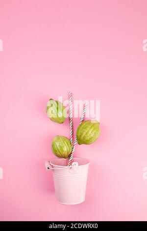 Pinker Eimer mit gestreiften Zitronen und Papier Trinkhalm auf rosa Hintergrund mit Kopierraum. Limonade, ein erfrischendes Getränk aus rosa fleischigem Eurek Stockfoto