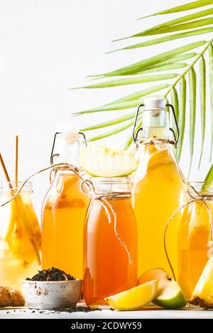 Auswahl An Fermentierten Kombucha-Getränken. Hausgemachter probiotischer Superfood-Tee, Keto-Diätgetränk, Tepache, Apfelwein, Kvass, Ginger Ale. Gesundes Getränk mit Geschmack. Stockfoto