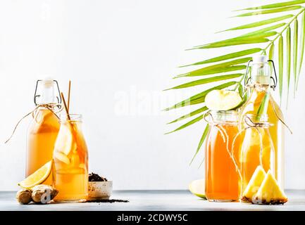 Auswahl An Fermentierten Kombucha-Getränken. Hausgemachter probiotischer Superfood-Tee, Keto-Diätgetränk, Tepache, Apfelwein, Kvass, Ginger Ale. Gesundes Getränk mit Geschmack. Stockfoto