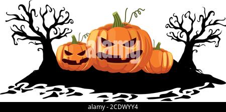 Halloween Kürbisse Cartoons mit Bäumen Design, Urlaub und beängstigend Thema Vektor Illustration Stock Vektor