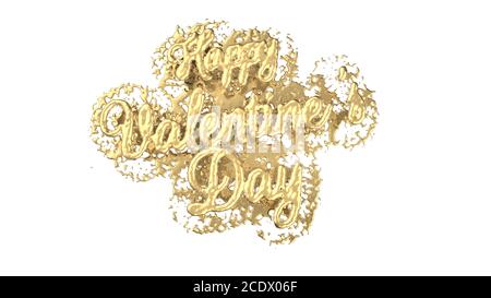 Happy Valentinstag-Volumen flüssiges Gold mit Splash geschrieben Isolieren über leuchtend weißen Hintergrund. 3D-Darstellung Stockfoto