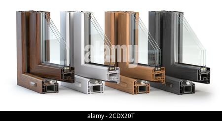 Kunststoff-Fensterprofile PVC in verschiedenen Farben im Abschnitt isoliert auf weißem Hintergrund. 3d-Illustration Stockfoto