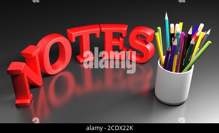 NOTIZEN auf einem schwarzen glänzenden Schreibtisch, in der Nähe eines weißen Stifthalters voller Stifte und pencisl - 3D-Rendering-Illustration Stockfoto