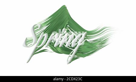 Das Wort Frühling Schriftzug von weißen plastischen und wachsenden grünen und frischen welligen Gras gemacht. 3d-Illustration. Isoliert auf weißem Hintergrund Stockfoto