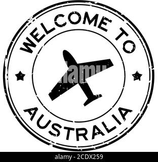 Grunge schwarz Willkommen in Australien Wort mit Flugzeug-Symbol rund Stempel mit Gummidichtung auf weißem Hintergrund Stock Vektor