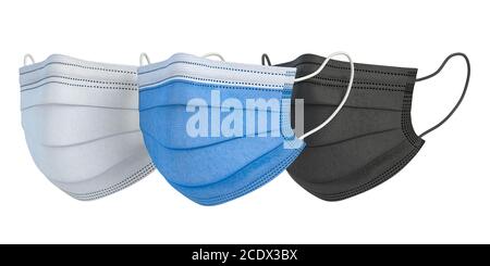 Chirurgische medizinische Masken von verschiedenen Farben isoliert auf weißem Hintergrund. 3d-Illustration Stockfoto