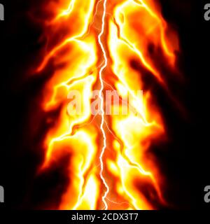 Brennender Blitz aus Feuer über schwarzem Hintergrund Stockfoto
