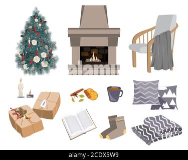 Vector gemütliche Winter Set mit Kamin, Stuhl, Geschenke, Kissen und andere hygge Dinge. Darstellung von Objekten zum Aufwärmen. Artikel für die kalte Jahreszeit isoliert auf Stock Vektor