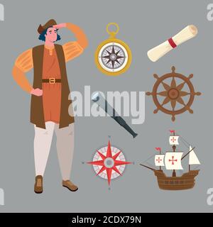 Christopher Columbus Cartoon mit Icon Set Vektor-Design Stock Vektor