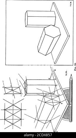 . Modellzeichnung und Schattierung von Abgüssen; eine vollständige Anleitung zu den elementaren und fortgeschrittenen Untersuchungen in diesen Fächern; . die linke ein regularhexagon, mit seinen Seiten verlängert. Damit soll die Tatsache, dass zwei der Seiten jeweils parallel zu einer der Diagonalen liegen,- dass die Diagonalen das Sechseck in sechs gleichseitige Dreiecke gleicher Größe unterteilen, und dass die horizontale Diagonale durch die vertikalen Linien und die schrägen Diagonalen in vier genau gleiche Teile geteilt wird. Diese Fakten sollten bei der Zeichnung des Modells zu bemade Verwendung. Nach sorgfältigen Bestimmung der Kanten des Brettes ab und Ao, Stockfoto