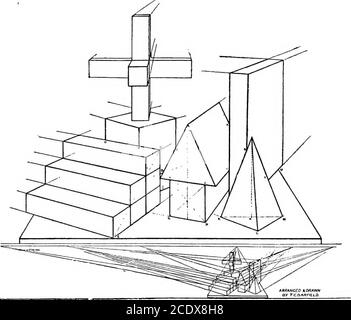 . Modellzeichnung und Schattierung aus Abgüssen; eine vollständige Anleitung zu den elementaren und fortgeschrittenen Prüfungen in diesen Fächern; . s, die in diesem Fall alle am Horizont sind, weil die zurückziehenden Linien alle horizontal sind. Es ist nicht oft möglich, mehr als einen vanishiug pointon auf dem Zeichenpapier zu zeigen, aber es ist sehr hilfreich, sie im Auge zu behalten, wenn man die scheinbare Neigungvon abziehenden Linien testet, Und es ist einfacher, die Endlichkeit der konvergierenden Linien zu beurteilen, wenn Sie weiter von ihnen zeichnen, als tatsächlich für Ihr Bild erforderlich ist, wie in Fig. 10. * * Es wird gefunden werden, dass zwei adjace Stockfoto