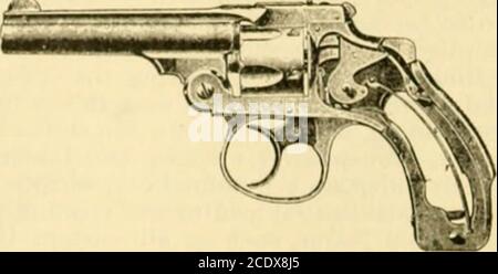 . Moderner Mechanismus, der die neuesten Fortschritte in Maschinen, Motoren und die Übertragung von Energie zeigt, als ein Ergänzungsband zu Appletons' Cyclopedia der angewandten Mechanik. BRANDAUSBRÜCHE. 363 Mer des Armes ganz im Schlossrahmen, so daß ihm keine äußere Kraft zugesetzt werden kann; und zweitens, indem man den Abzug so anordnet, daß er nur im Augenblick des absichtlichen Schusses gezogen werden kann, und nur mit diesem Mittel. Das Colt Cartridge-Pack, abgebildet in Abb. 26, ist eine geniale Vorrichtung, durch die alle Kammern eines Revolvers mit einer Bewegung beloaded können. Die Gravur zeigt das Paket Stockfoto