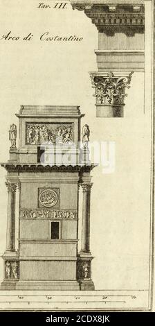 . Roma descritta ed illustrate . Tat^. IIL •,^rc&lt;? c/{ ùc?jta/IT//i{? • • !^, «^T. I 43. Delle Statue . MA quelle Hoste a Firenze non vi sono ; non vi èmemoria che sieno State, né a Firenze né altrove : al contra-rio , cavandosi intorno all Arco non ha guari, ne Fu rinvenutauna e trasportata nel Museo Vaticano . Dio sa come la cosa siaandata . Le colonne , quantunque di un bellissimo giallo antico , f)er es.er patinate , e annegrite dal Tempo, nascondono il suo bel-o ; ma in una che la tolse Clemente Vili, per servirsene sot-to lOrgano di S. Gio. Laterano » siccome lustrata e conservata ,pu Stockfoto