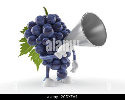 Trauben Charakter spricht durch ein Megaphon isoliert auf weißem Hintergrund Stockfoto