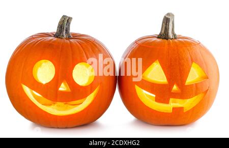 Zwei glühende Halloween Kürbis isoliert auf weißem Hintergrund Stockfoto