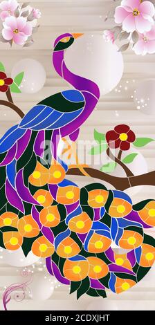 3d Wandbild farbigen Pfau auf floralen Zweigen Illustration Hintergrund mit goldenen Schmuck und Blumen, einfache dekorative Muster Tapete. Geeignet f Stockfoto