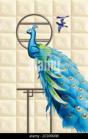 3d Wandbild farbigen Pfau auf floralen Zweigen Illustration Hintergrund mit goldenen Schmuck und Blumen, einfache dekorative Muster Tapete. Geeignet f Stockfoto