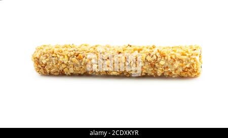 Waffelrollen mit Nuss auf weißem Hintergrund. Stockfoto