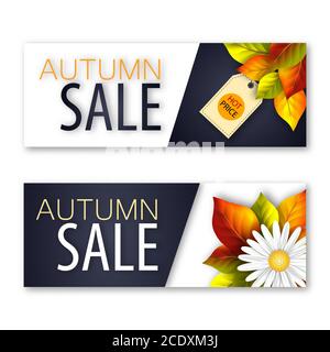 Set von Herbst-Sale-Banner mit realistischen Blumen und Herbstblättern. Vektorgrafik Stock Vektor