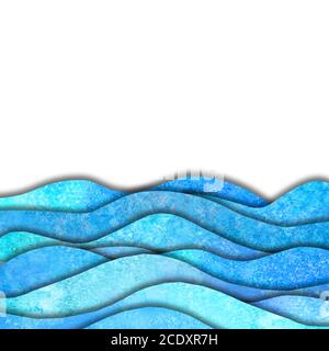 Abstrakte geometrische Aquarell blau teal Meereswellen auf weißem Hintergrund. Handgezeichnete blaue Papier Wellen Illustration für Banner, Einladung, Poster, Web si Stockfoto