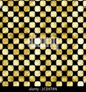 Nahtlose geometrische Muster mit Gold Aquarell abstrakte Formen auf schwarzem Hintergrund. Aquarell handgezeichnete Polka dot goldene Textur. Print für textil Stockfoto