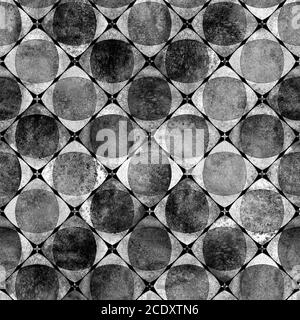 Nahtlose geometrische Muster mit Grunge Aquarell abstrakten Kreis und quadratischen schwarzen Formen Hintergrund. Aquarell handgezeichnete monochrome Textur. Drucken Stockfoto