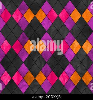 Buntes, nahtloses Karomuster im argyle-Design. Aquarell handgezeichnete Textur Hintergrund. Aquarell rosa lila orange Rhombus Formen Hintergrund. Drucken für Stockfoto
