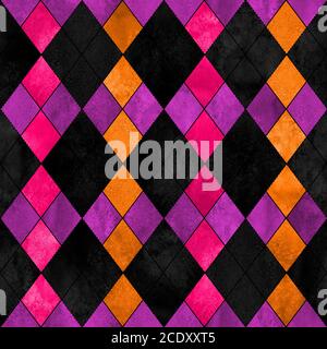 Buntes, nahtloses Karomuster im argyle-Design. Aquarell handgezeichnete Textur Hintergrund. Aquarell rosa lila orange schwarz Rhombus Formen. Drucken für Tuch Stockfoto