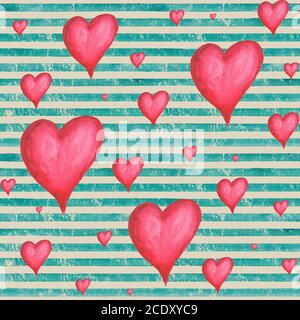 Vintage Hintergrund mit Aquarell roten Herzen auf blaugrün Streifen nahtlose Muster. Aquarell handbemalt gestreift alte Grunge Textur. Drucken f Stockfoto