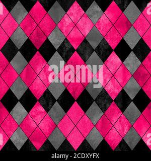 Buntes, nahtloses Karomuster im argyle-Design. Aquarell handgezeichnete Textur Hintergrund. Aquarell rosa schwarz grau Rhombus Formen Hintergrund. Drucken für Klo Stockfoto
