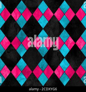 Buntes, nahtloses Karomuster im argyle-Design. Aquarell handgezeichnete Textur Hintergrund. Aquarell rosa blau schwarz Rhombus Formen Hintergrund. Drucken für Klo Stockfoto
