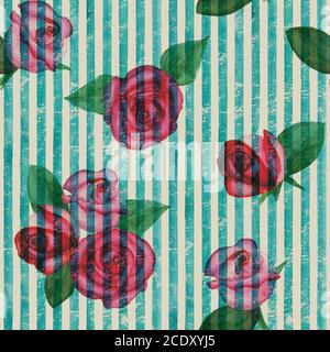 Vintage Hintergrund mit Aquarell rosa rote Rosen auf blaugrün Streifen nahtlose Muster. Aquarell handbemalt gestreift alte Grunge Textur. Pri Stockfoto