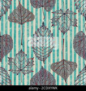 Herbst transparent Blatt Skelett gestreift nahtlose Muster. Abstrakte Blätter Ornament auf Hand gezeichnet blaugrün Streifen Grunge alte Textur Hintergrund. Stockfoto